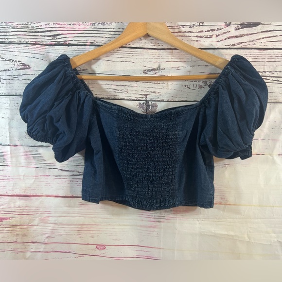 ASOS Design Dark Denim Crop Top with Puff Sleeve Size US 6 - Picture 8 of 9